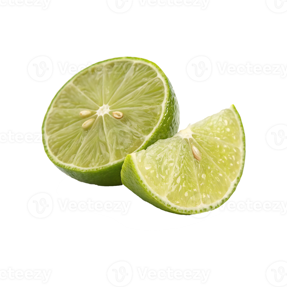 Freshly cut lime slices, showcasing vibrant green and juicy detail , lime on transparent background. png