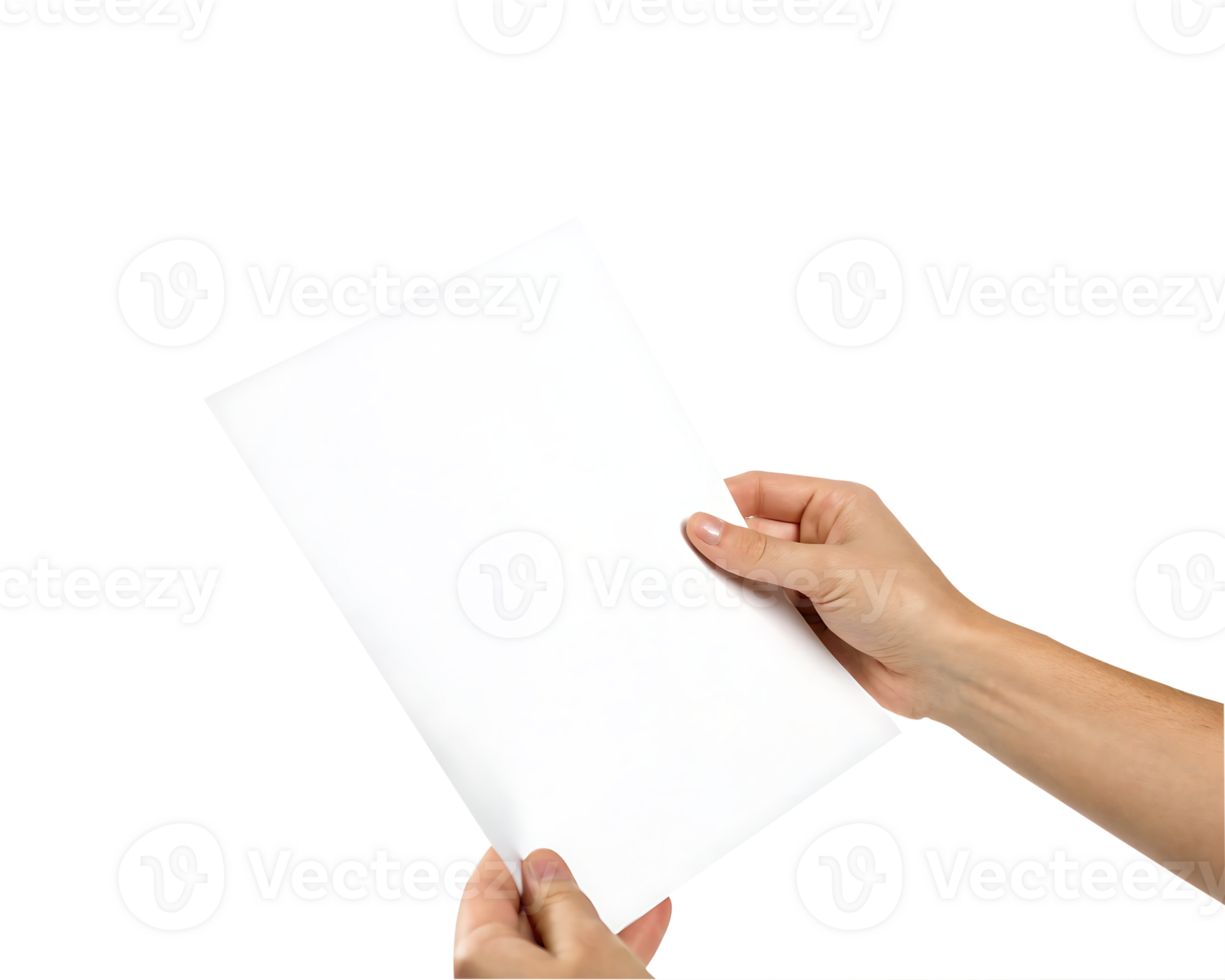Person holding a blank white paper on transparent background. png