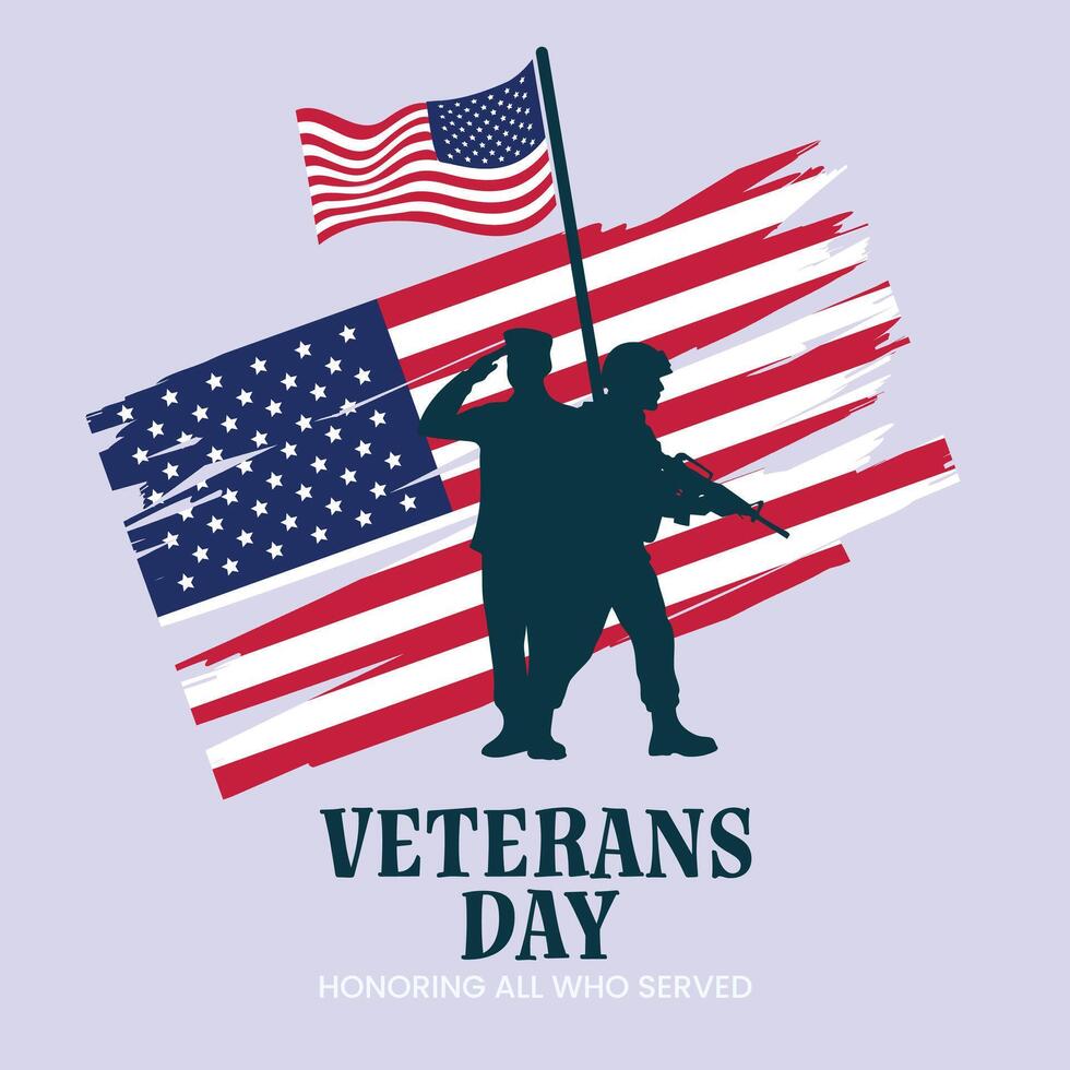 Veterans Day Tribute with Silhouetted Soldiers and American Flags vector