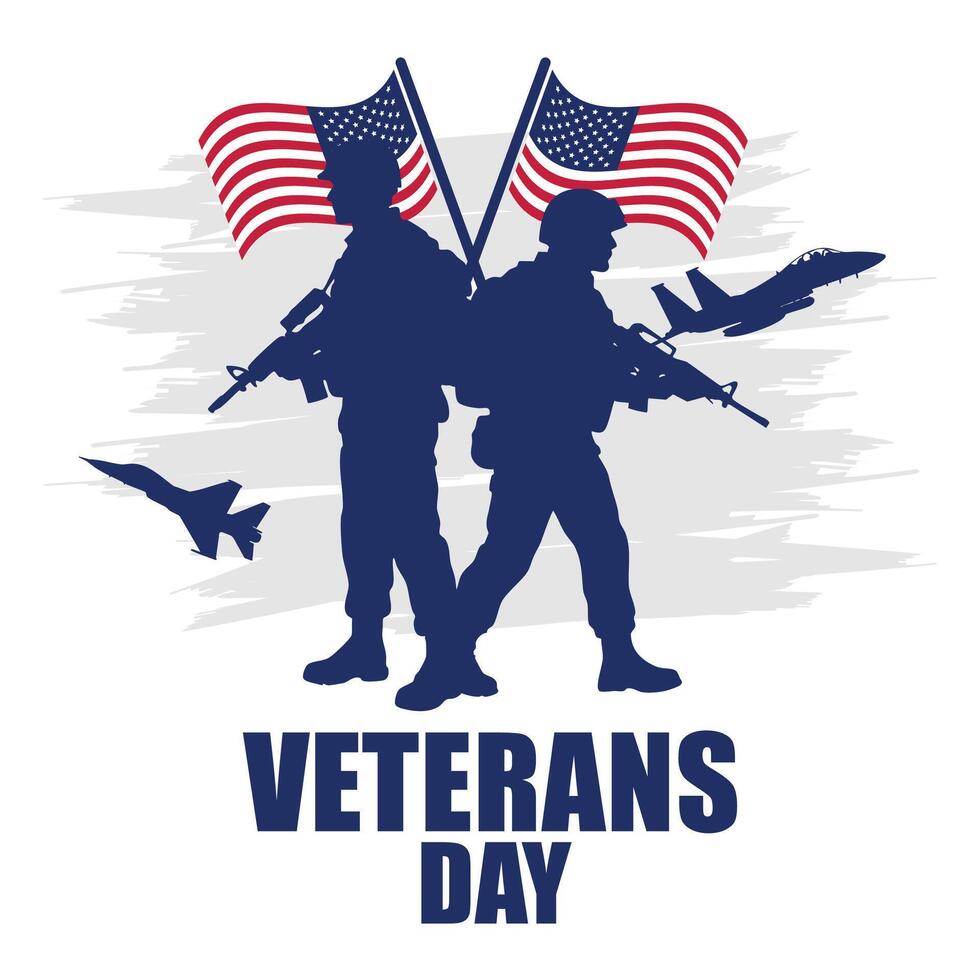 Veterans Day Tribute with Silhouetted Soldiers and American Flags Illustration vector