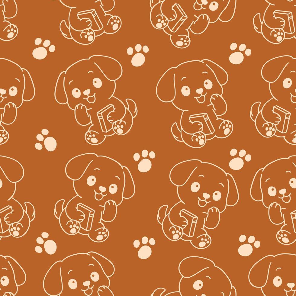 Kawaii Dog seamless pattern with paw brown outline illustration vector