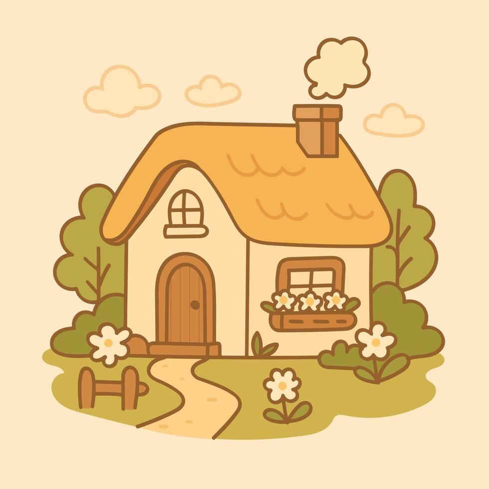 Charming cottage with flowers and trees vector