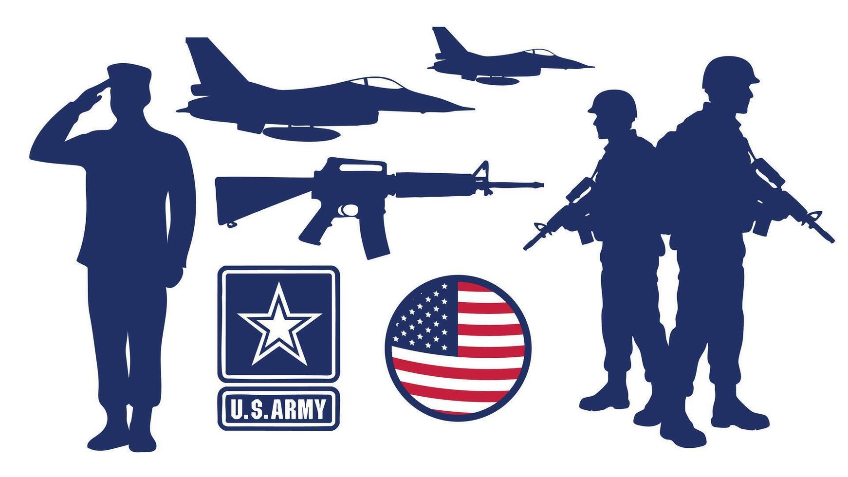 US Army Military Set with Flag Badge, Soldier, Gun, and Jet Illustration vector