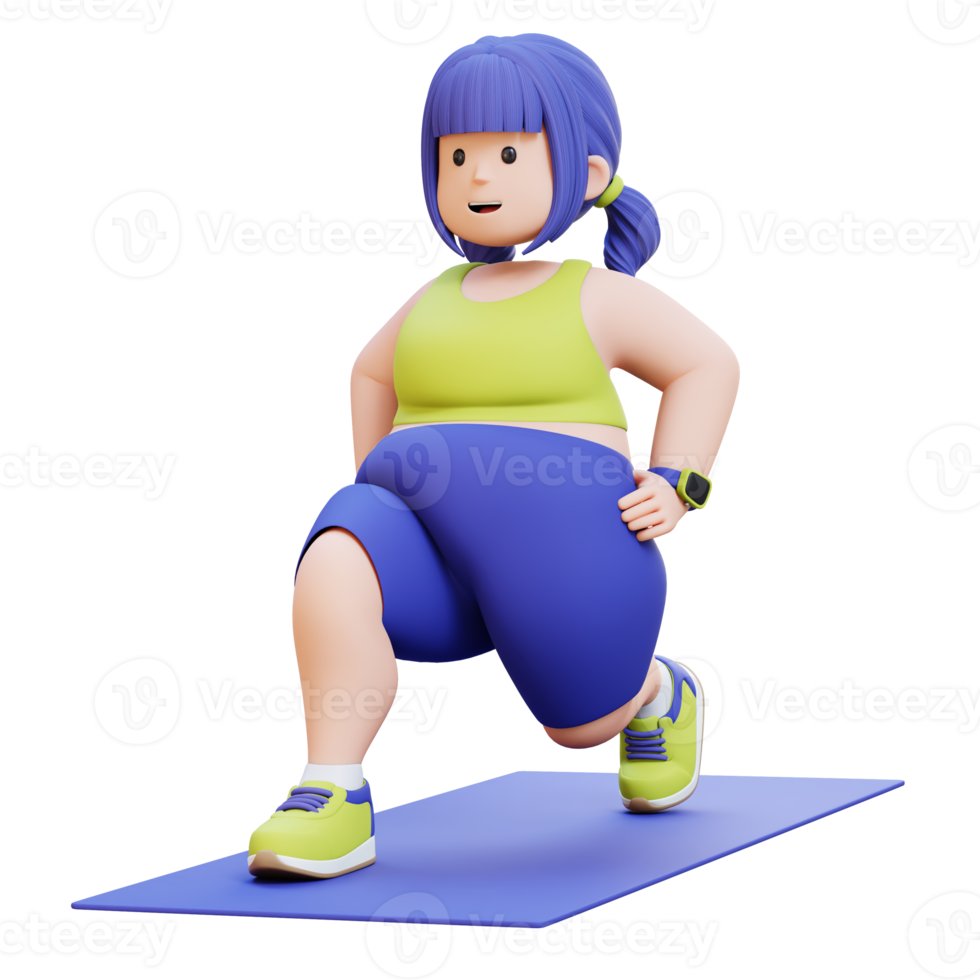 3D render Plus Size Overweight woman Dynamic Lunges Exercise on Yoga Mat png