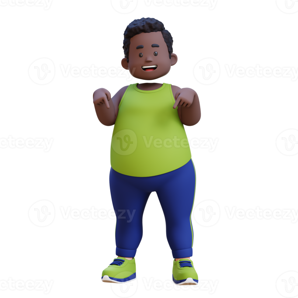 3D plus size overweight obesse african man pointing to bottom png