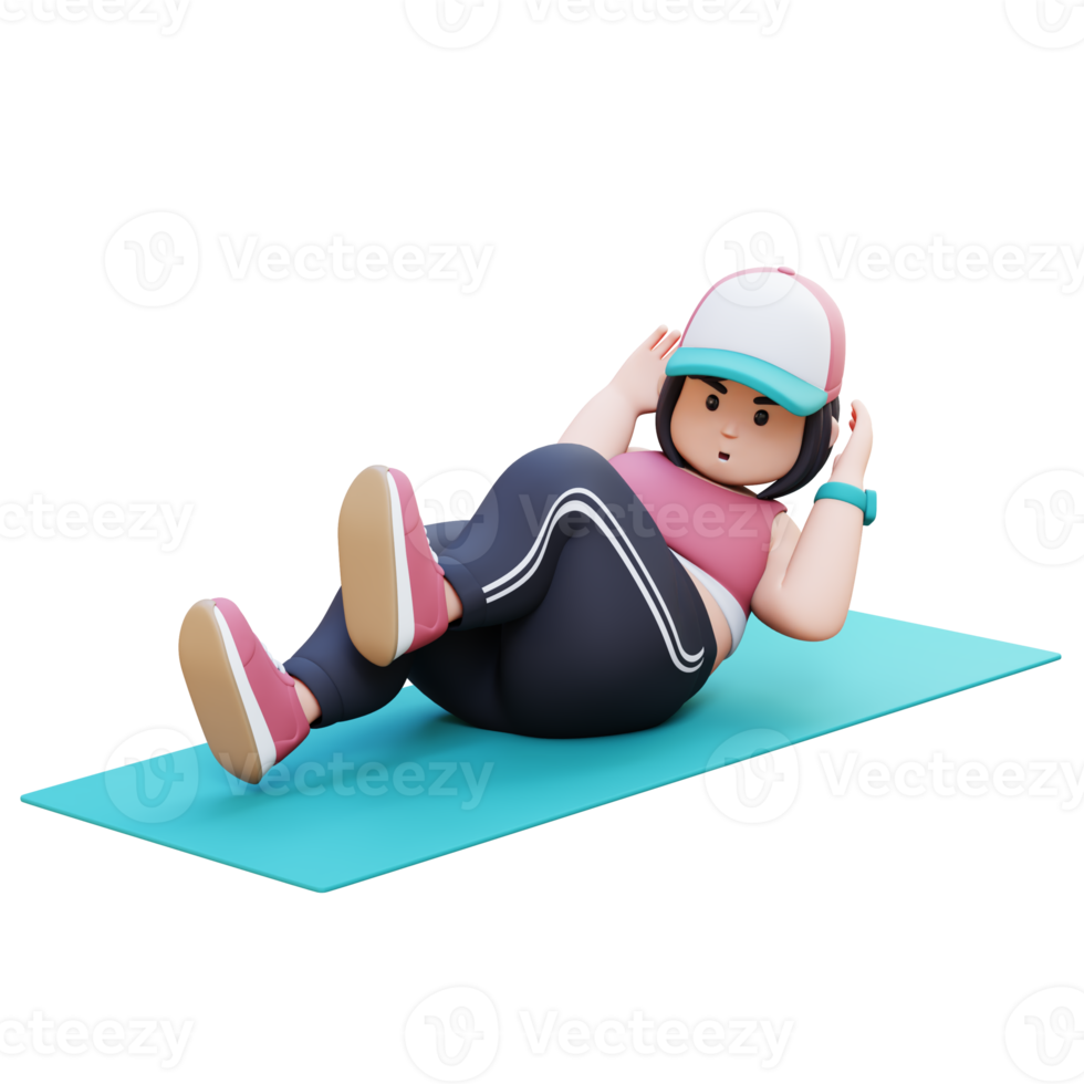 3D Plus Size Overweight girl exercise Bicycle Crunch png