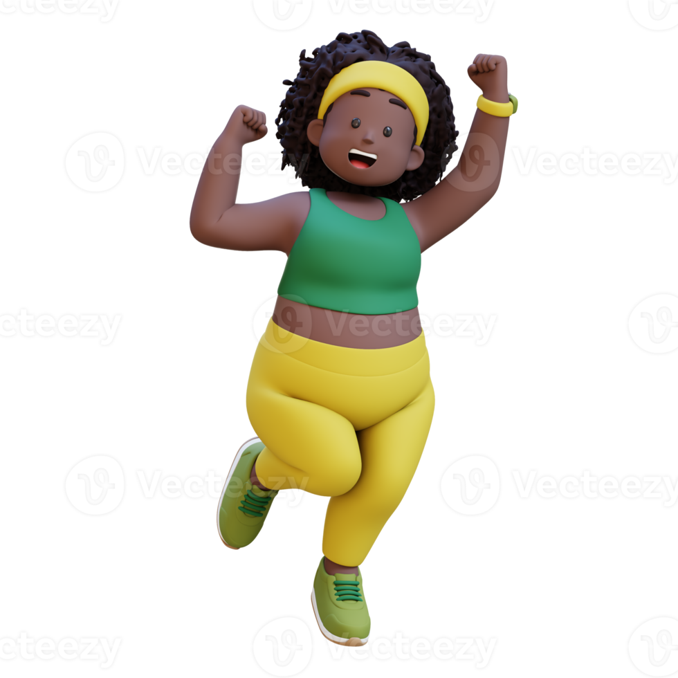 Joyful 3D plus size overweight african woman Victory Jump png