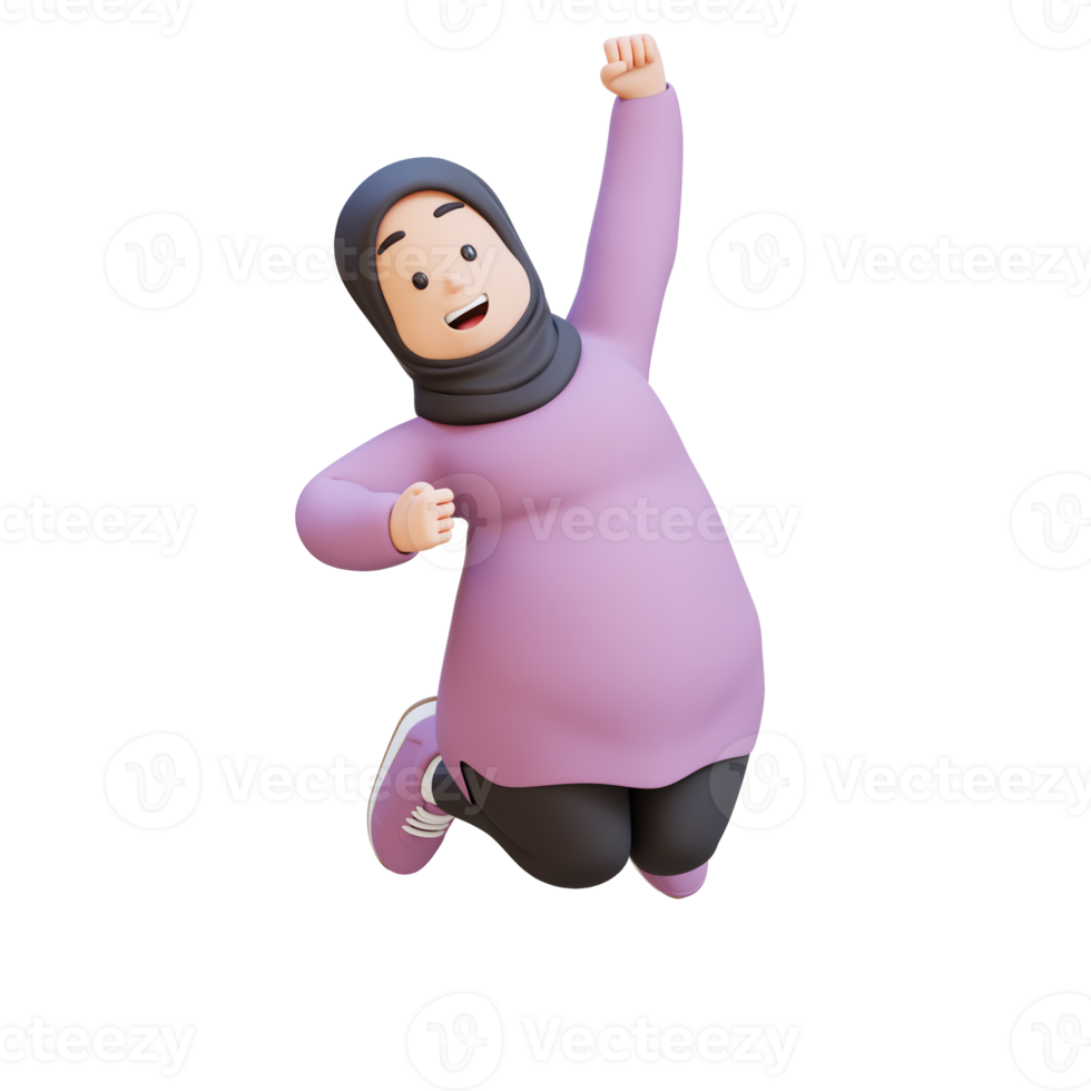 3D plus size overweight muslim woman in sportswear jumping with excitement png