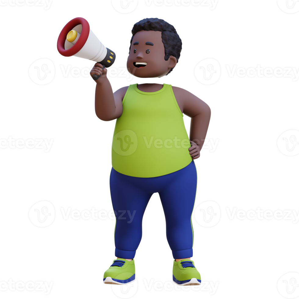 3D plus size overweight obesse african man give announcement with megaphone png