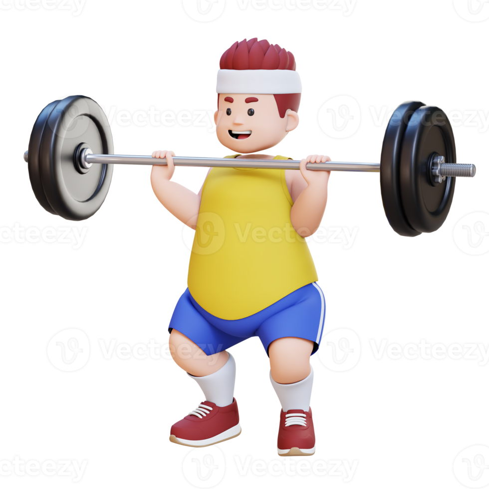 3D Plus Size Overweight big man workout with barbell png