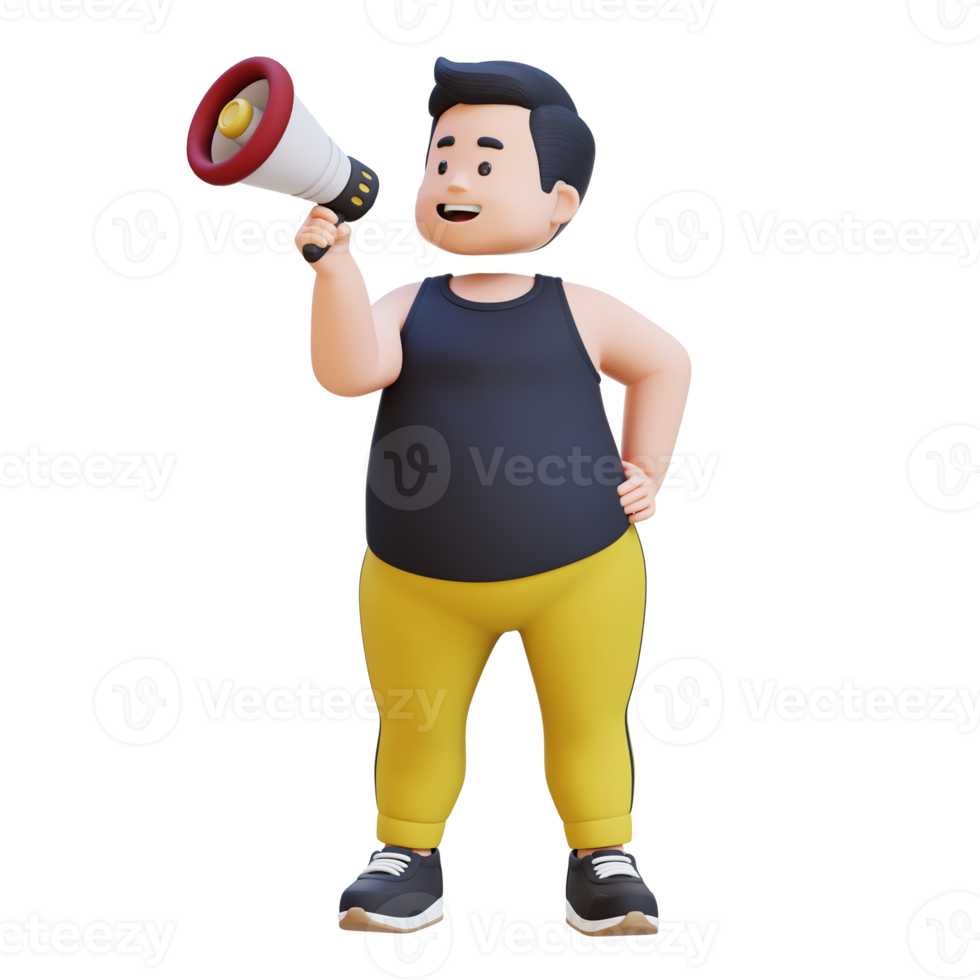 3D plus size overweight obesse man give announcement with megaphone png