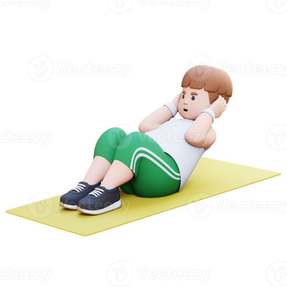 3D Plus Size Overweight character Man Doing Sit Ups on a Mat png