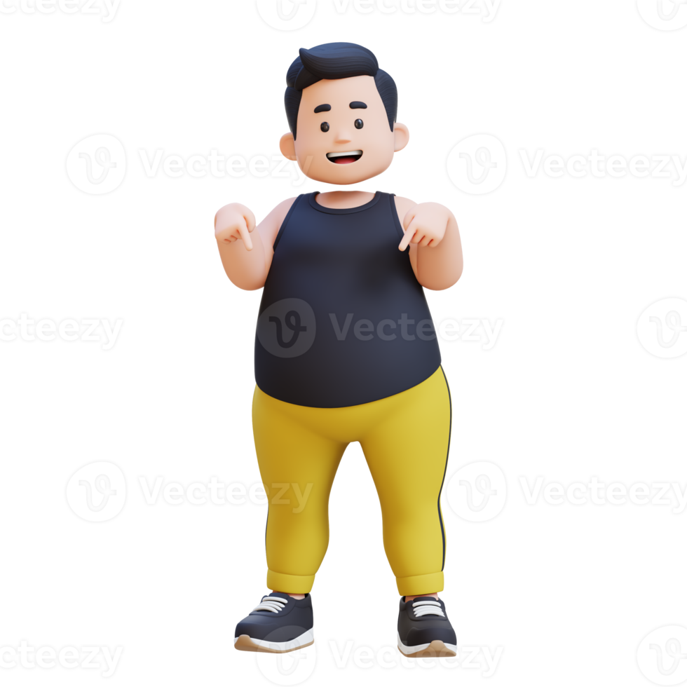 3D plus size overweight obesse man pointing to bottom png