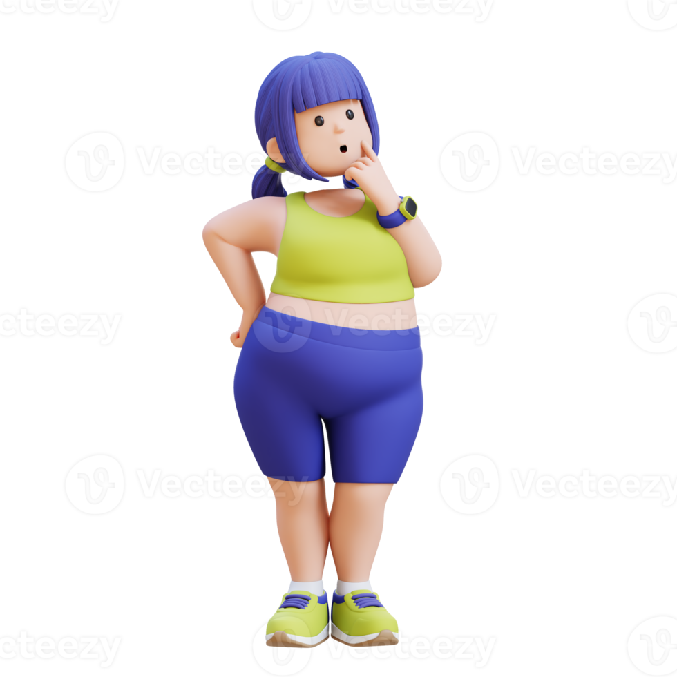 3D render plus size overweight woman thoughtfully considering something. png