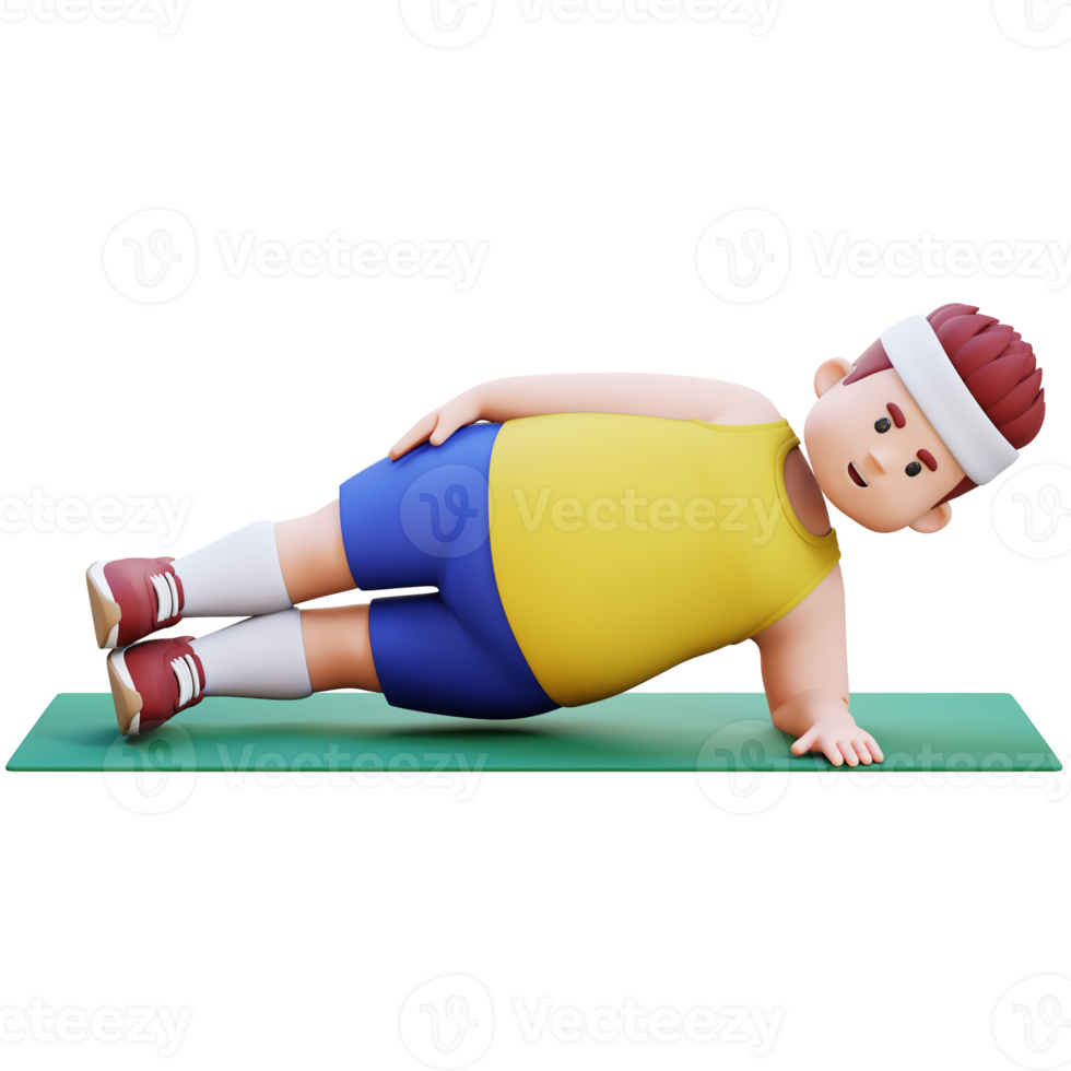3D Plus Size Overweight big man Doing Side Plank Exercise on Mat png