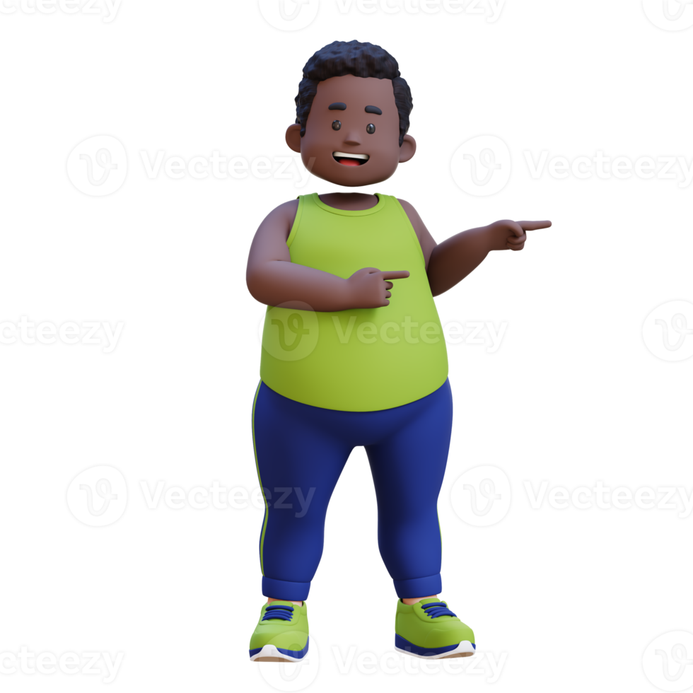 3D plus size overweight obesse african man pointing to side png