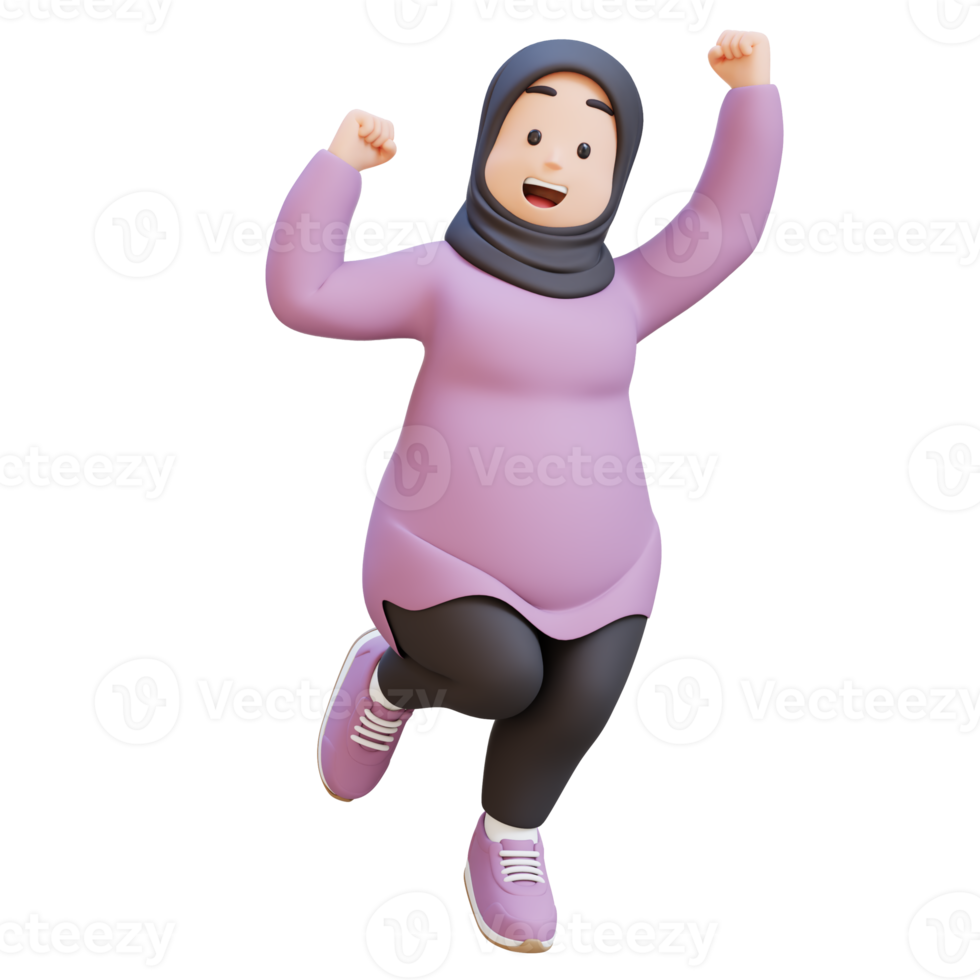 Joyful 3D plus size overweight muslim woman Victory Jump png