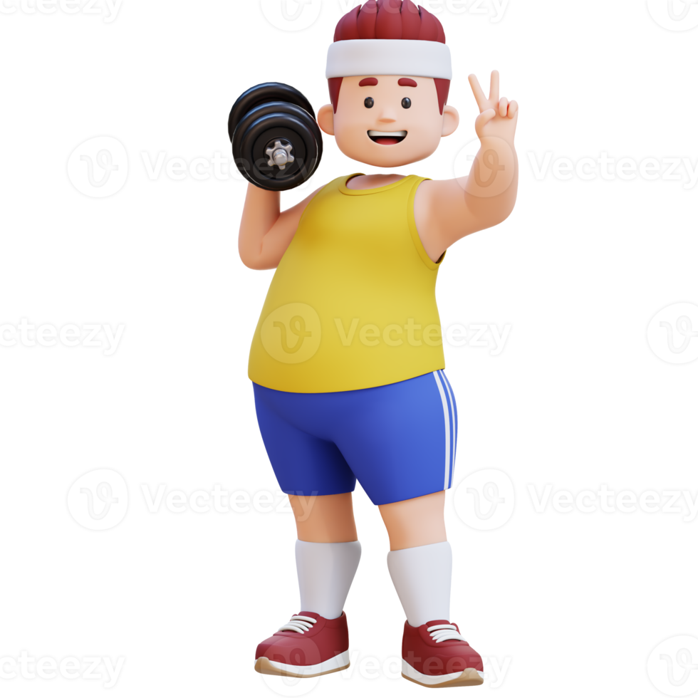 3D Plus Size Overweight big man with Dumbbells giving peace sign png