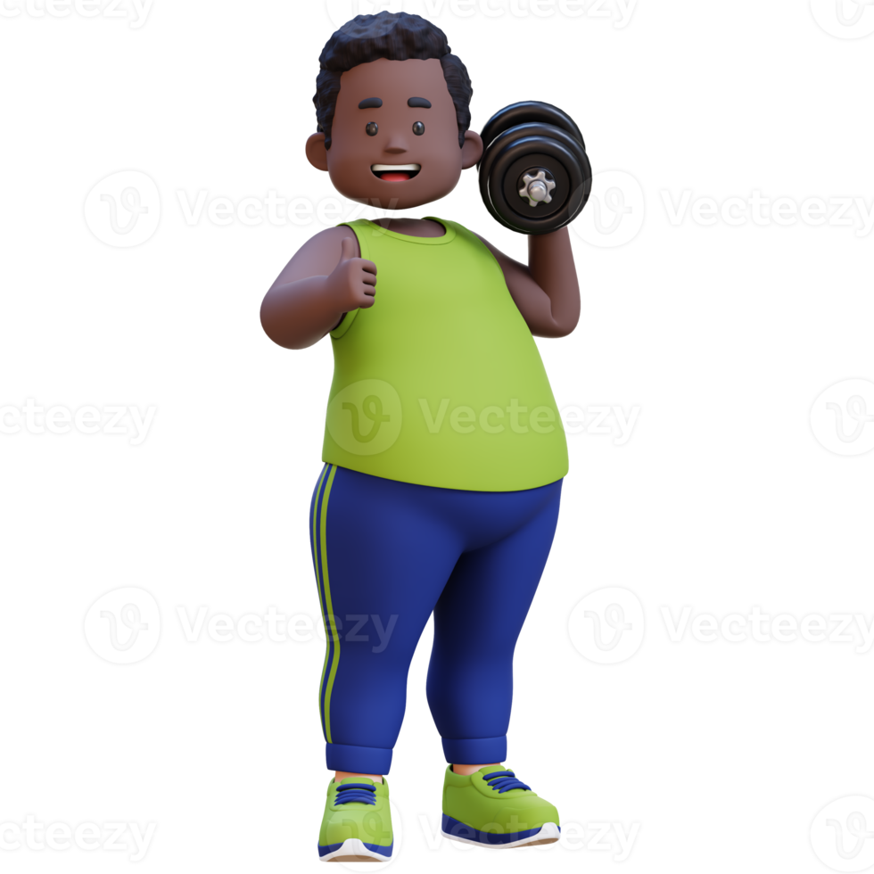 3D Plus Size Overweight obesse african man with Dumbbells giving thumbs up png