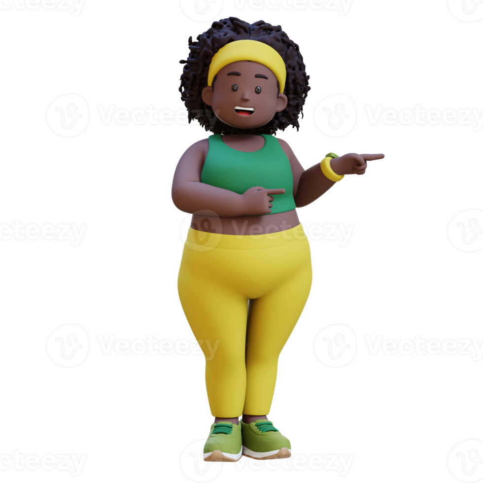 3D plus size overweight african woman pointing to side png