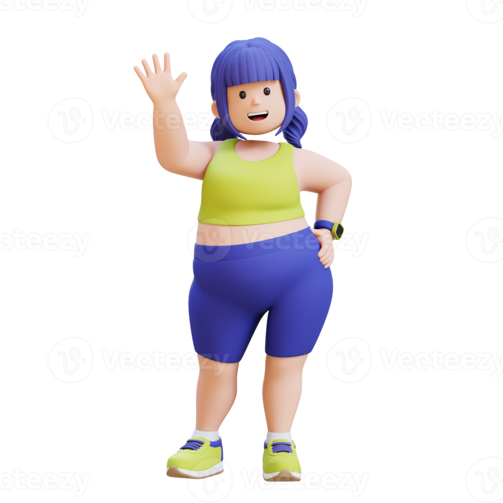 3D render plus size overweight fat woman Waving, Ready for Fitness png