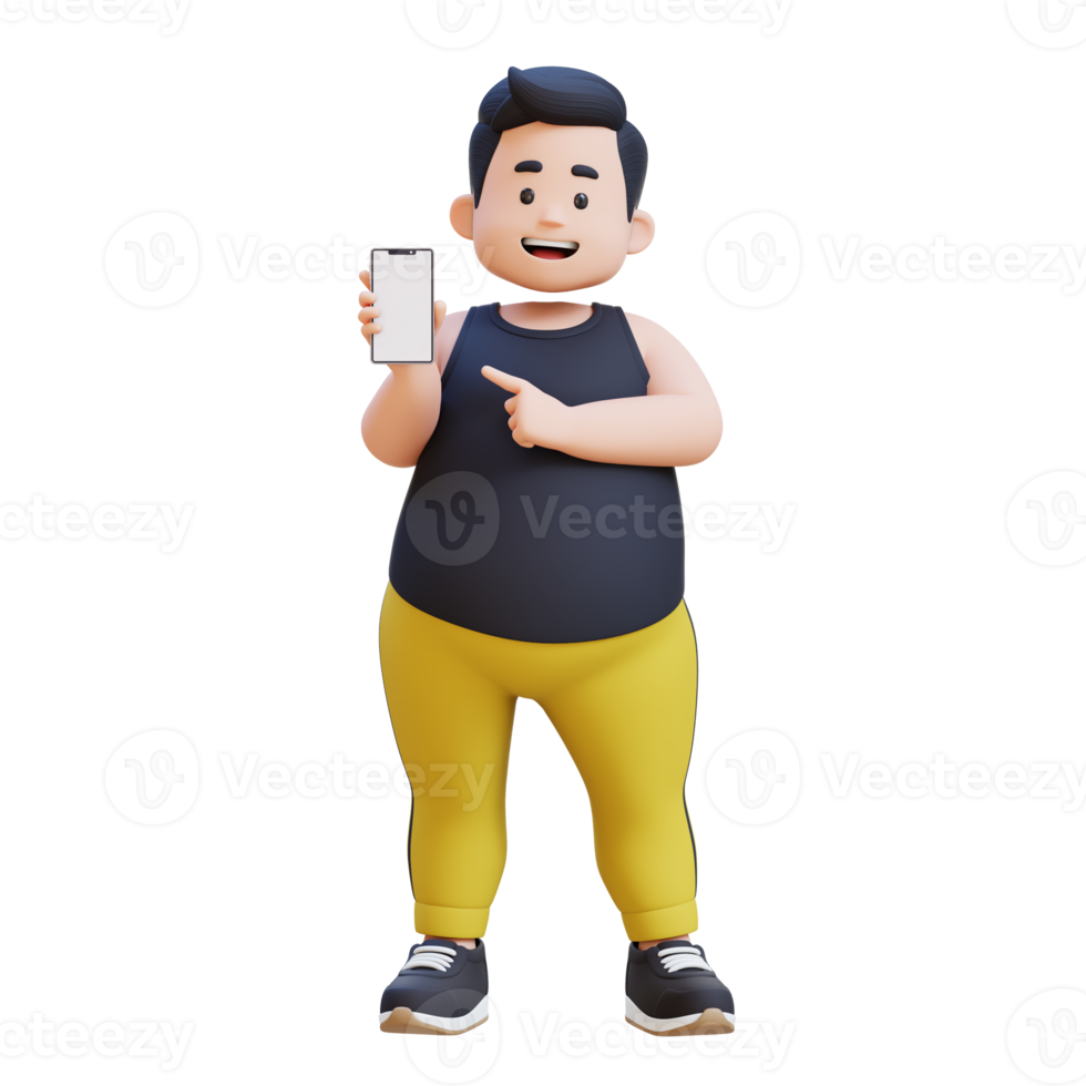 3D plus size overweight obesse man pointing to smartphone png