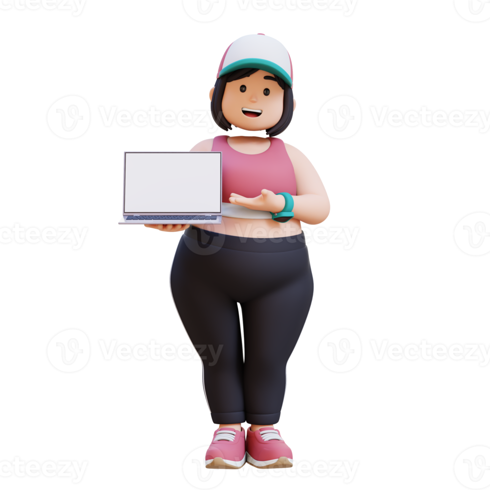 3D plus size overweight girl Presenting Laptop png