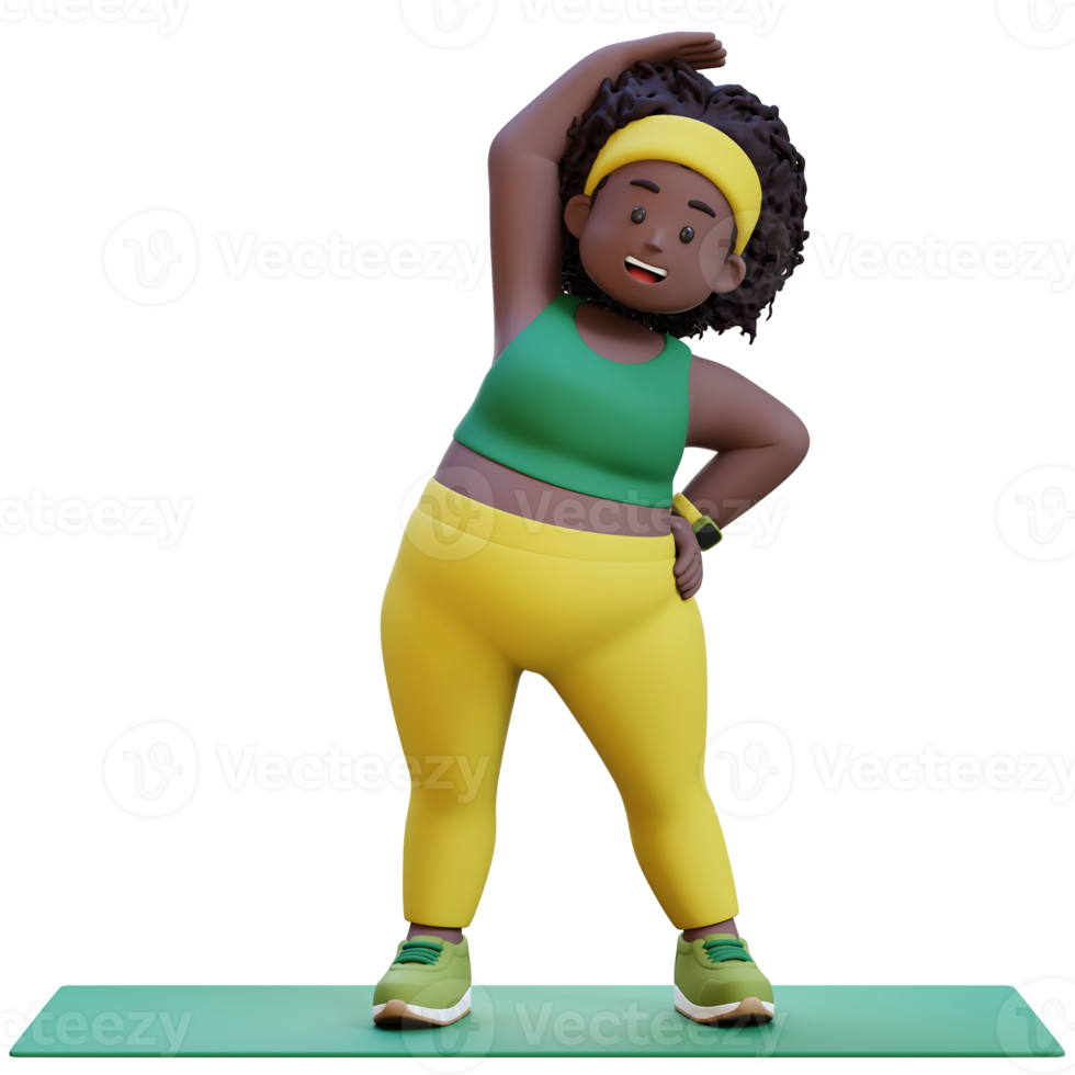 3D Plus Size Overweight african woman exercising on yoga mat png