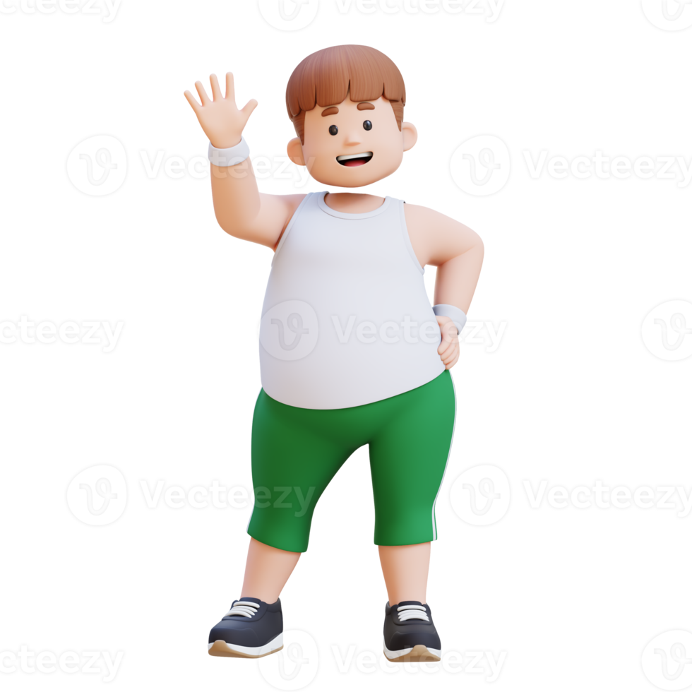 3D plus size overweight fat man character Waving, Ready for Fitness png