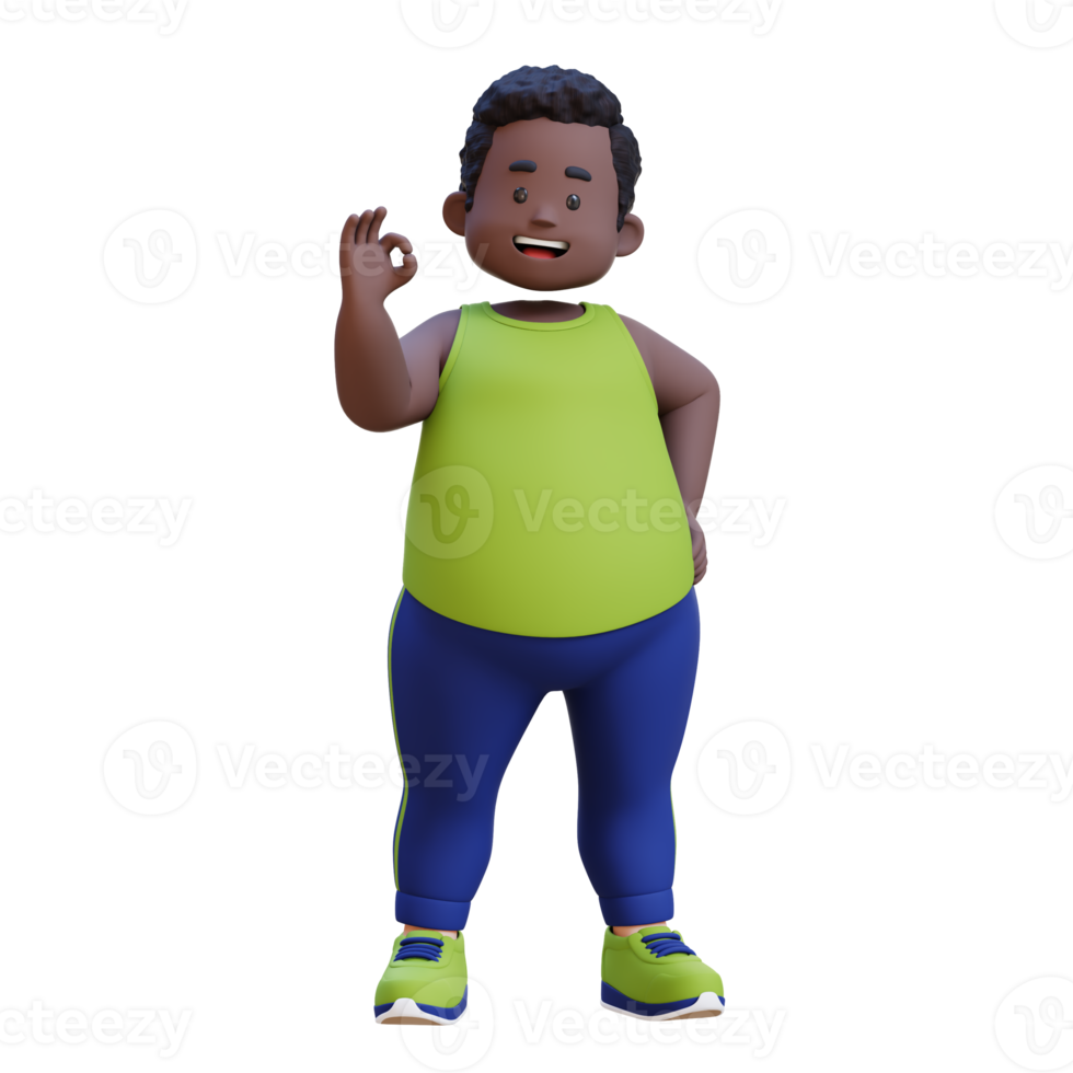 3D plus size overweight obesse african man giving ok hand sign png