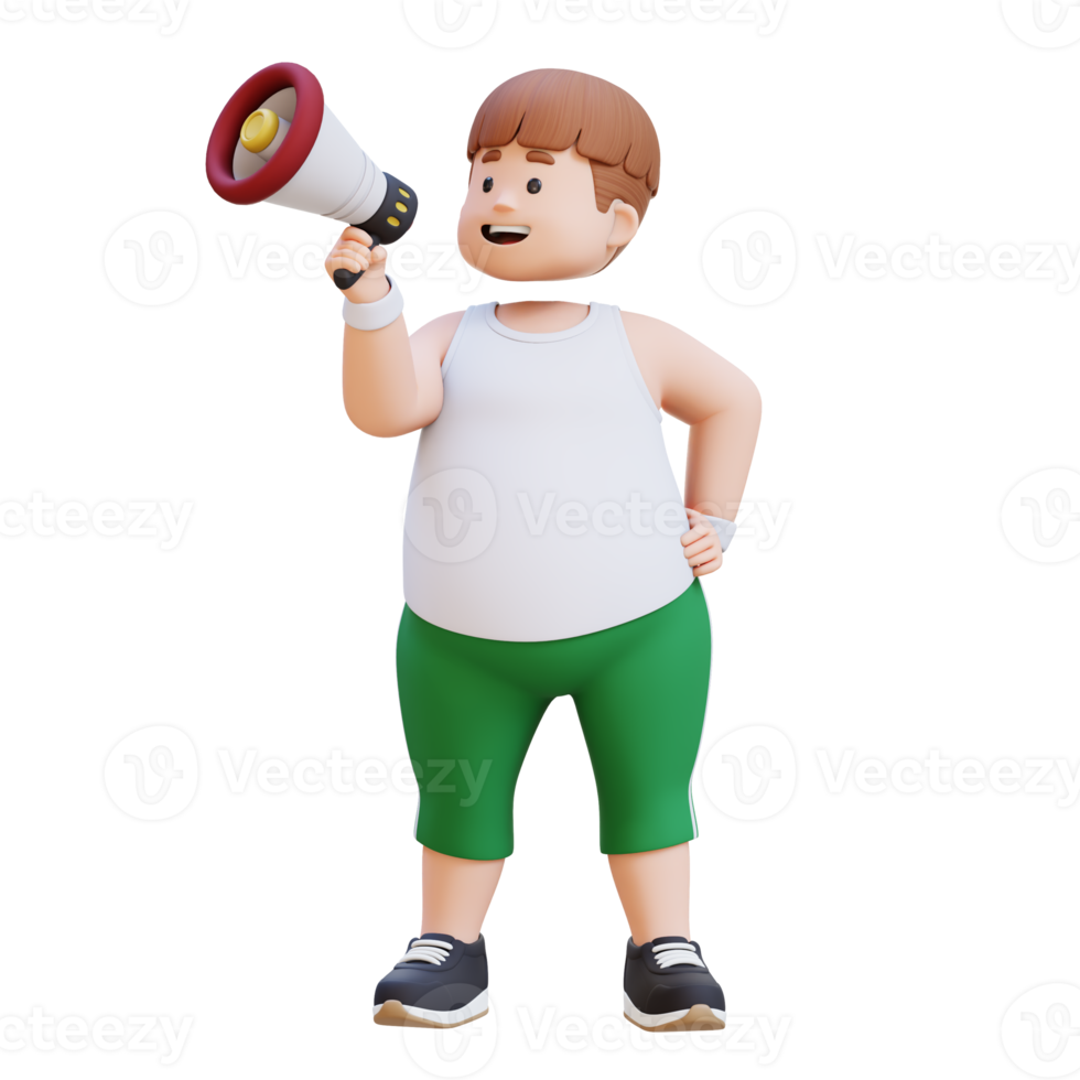 3D plus size overweight man character give announcement with megaphone png