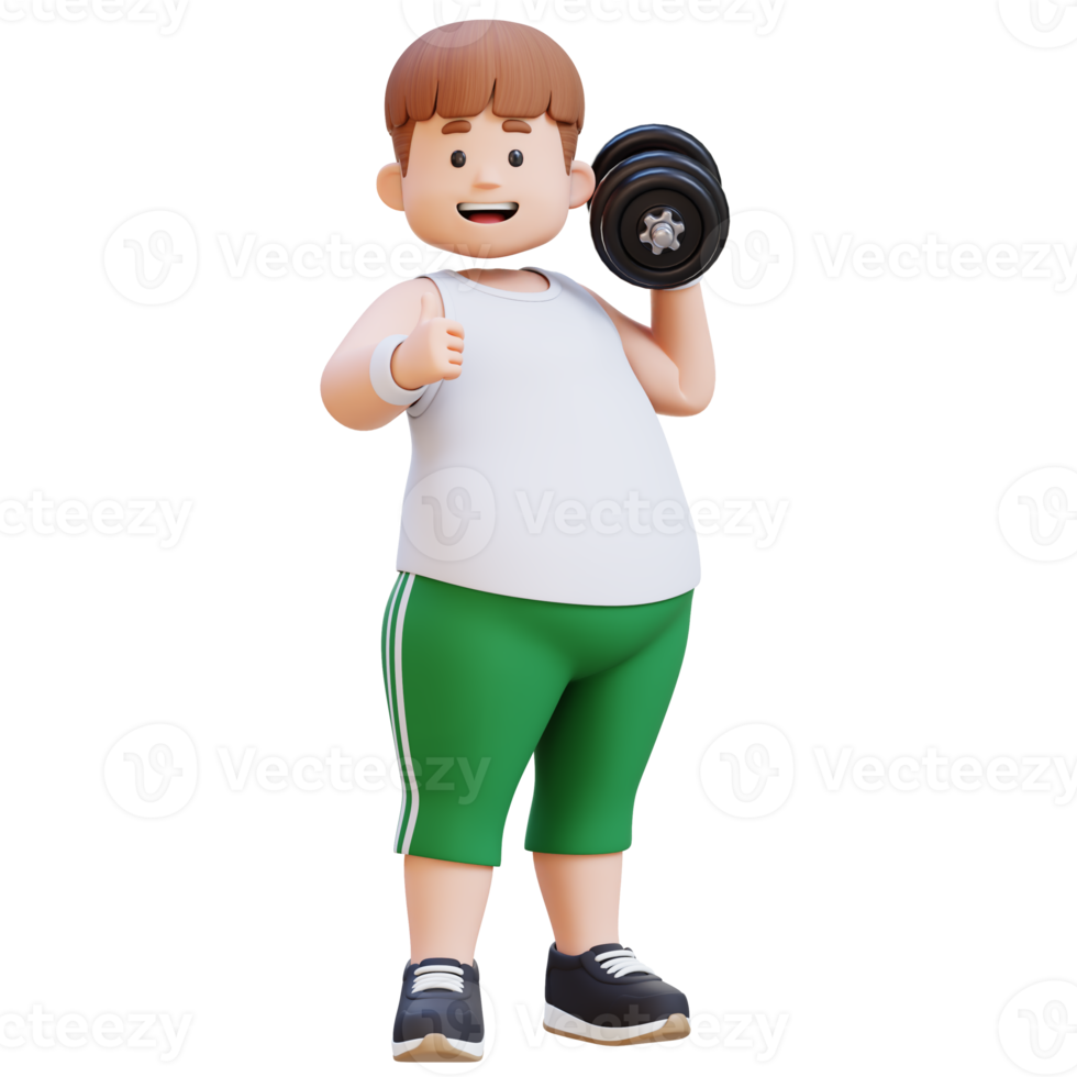 3D Plus Size Overweight Man with character Dumbbells giving thumbs up png
