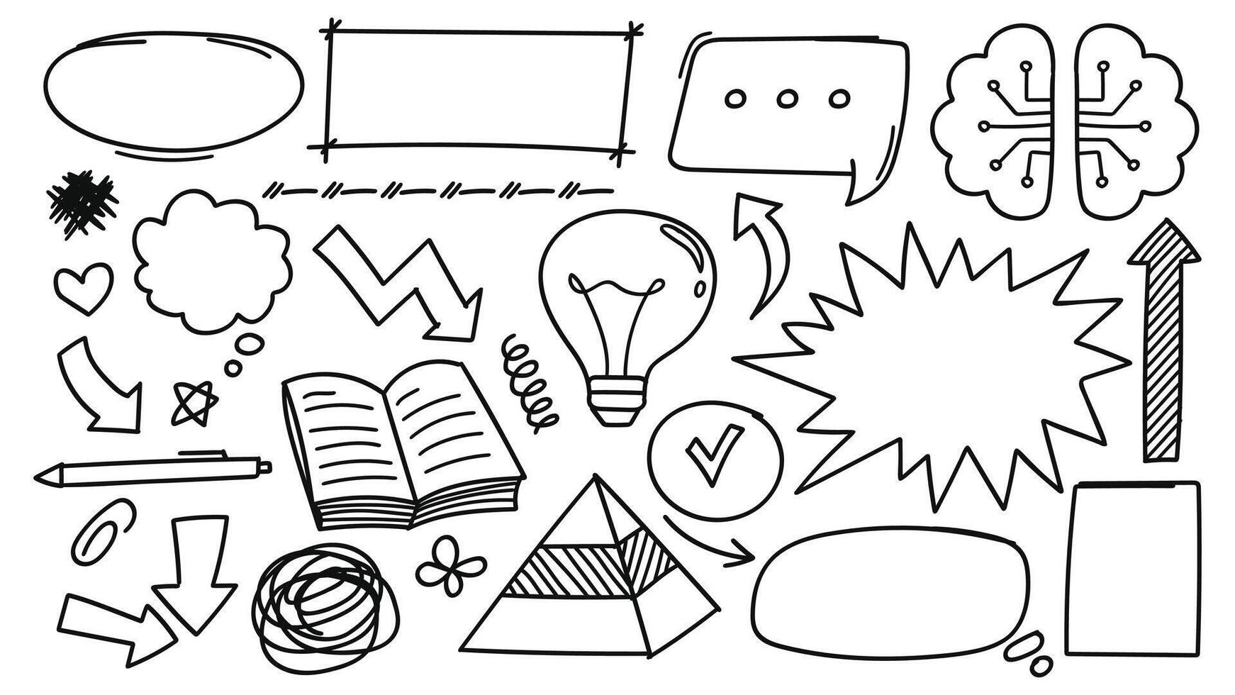Collection of hand-drawn line art doodle elements, perfect for creative projects and conveying ideas. vector