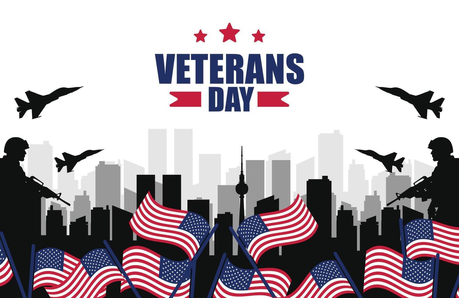 Veterans day poster. Veteran's day illustration with american flag and building silhouette, 11th November, illustration vector