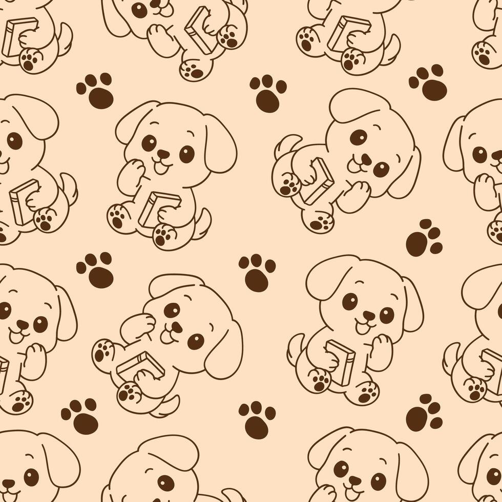 Kawaii Dog seamless pattern with paw brown outline vector