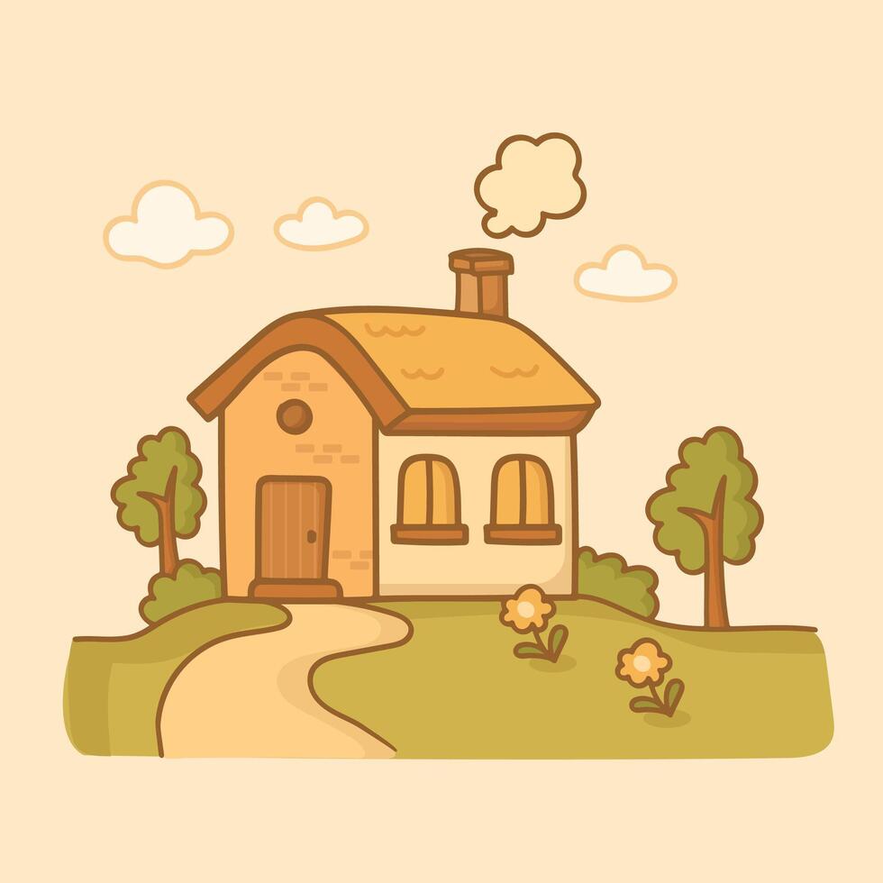illustrated house with flowers and trees vector