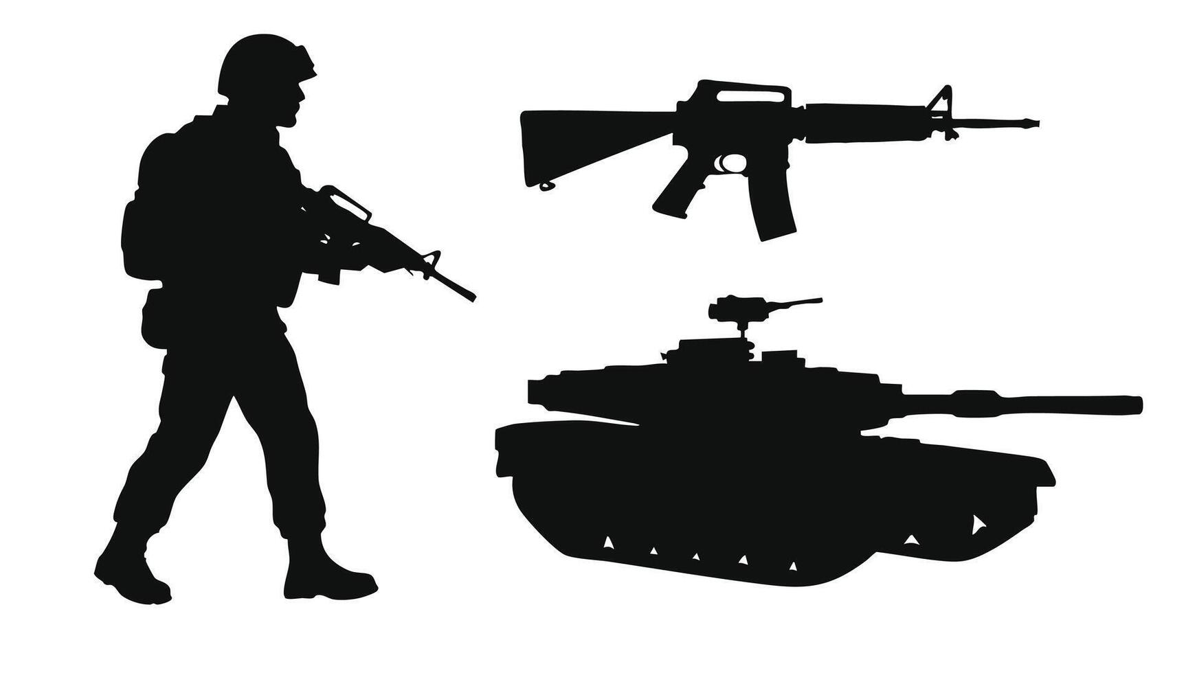 US Army Silhouette Collection with Tank, Soldier, Gun, and Helmet vector