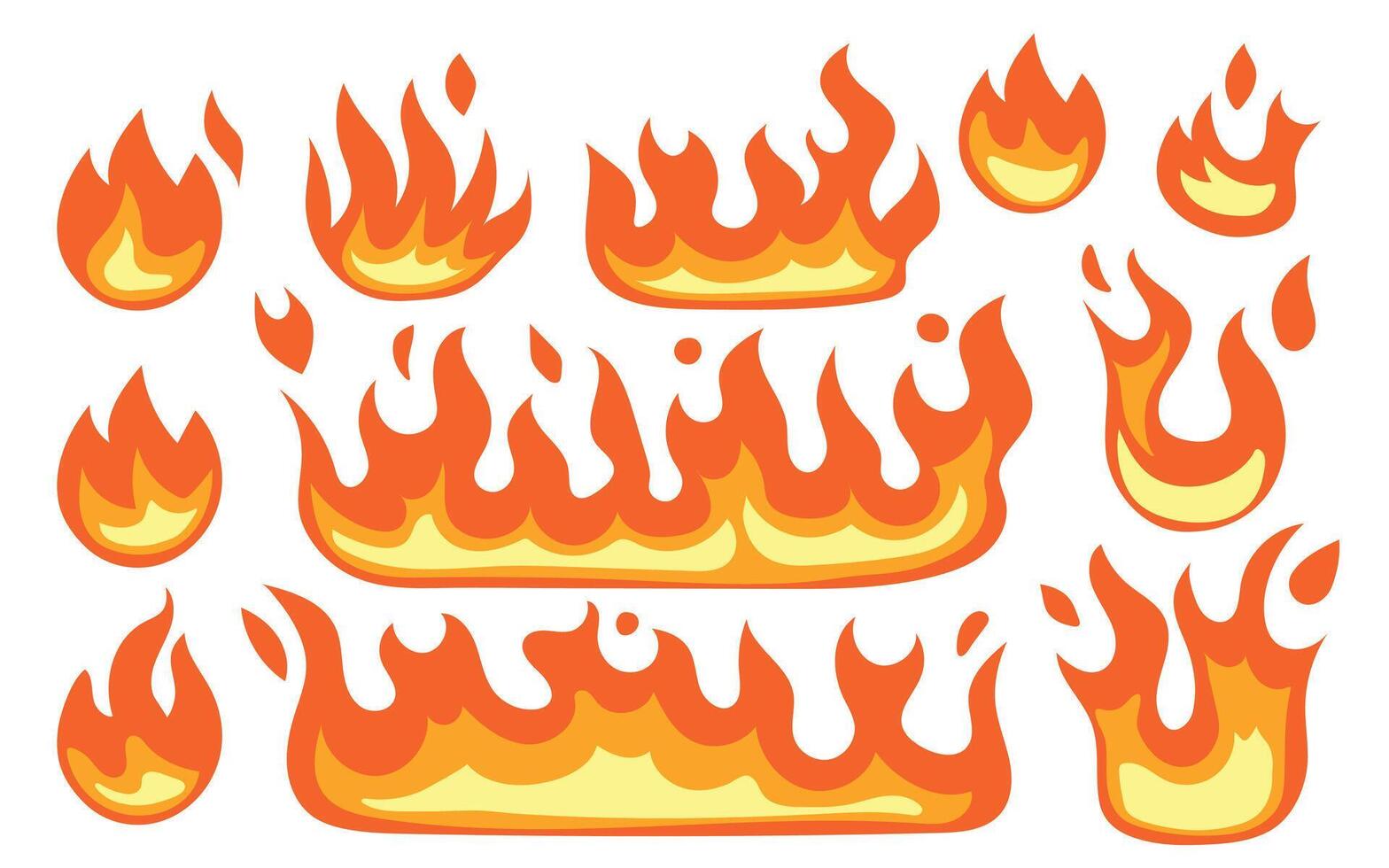 Set of burning fire or flame illustrations isolated on white background. Yellow burn power fiery silhouettes. illustration vector