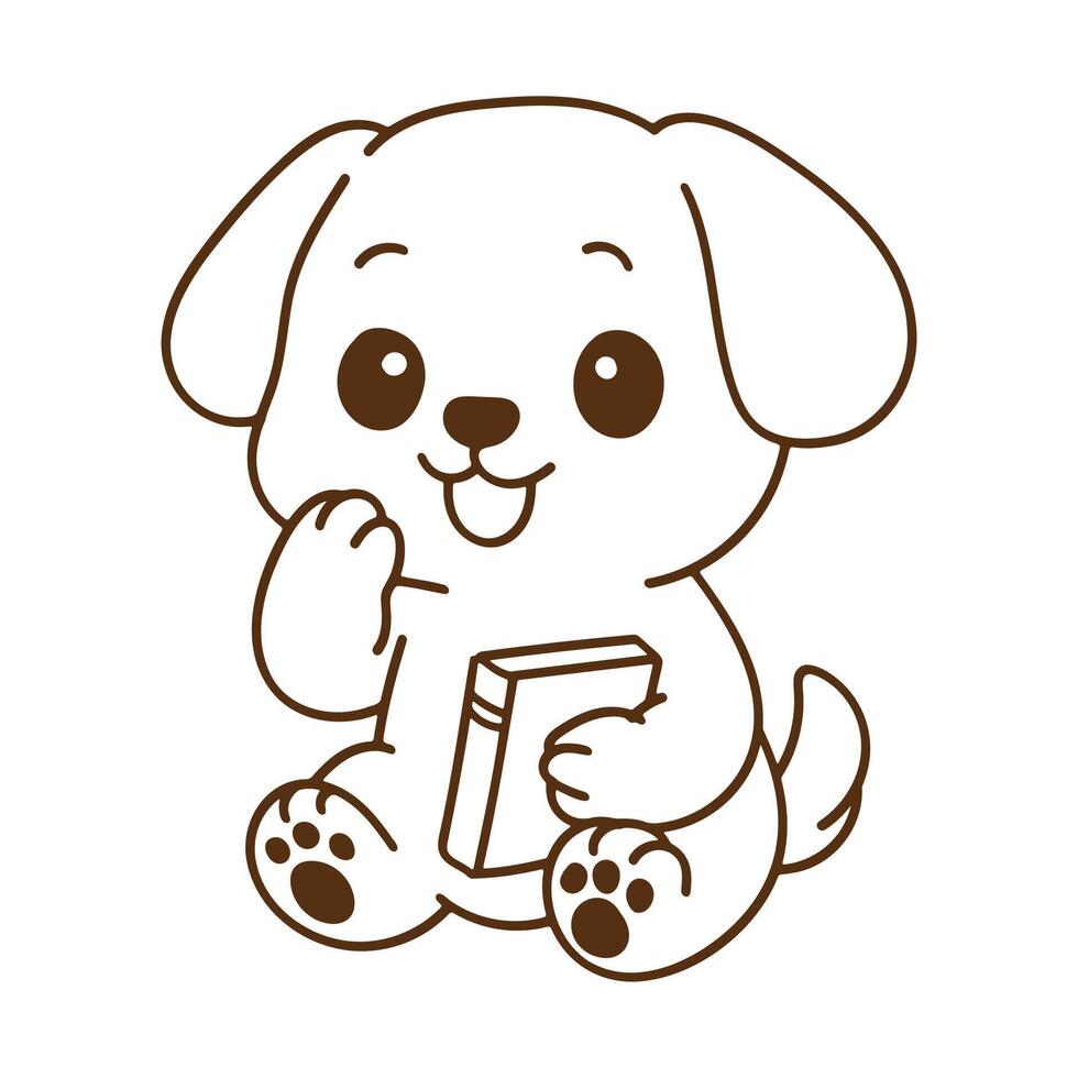 Kawaii Cartoon Dog Coloring Page Brown Outline Illustration vector