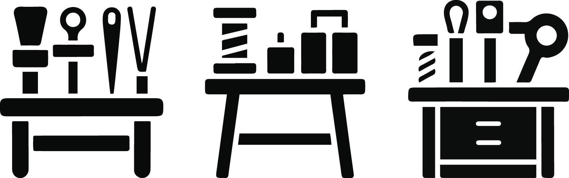 Sewing Tools Icon Set Workshop Table with Crafting Supplies Silhouette. vector