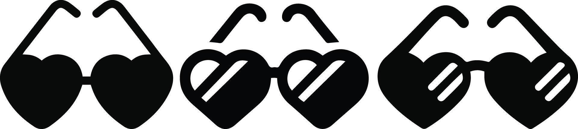 Heart Sunglasses Icons Set Heart Shape Glasses Silhouette Design. vector