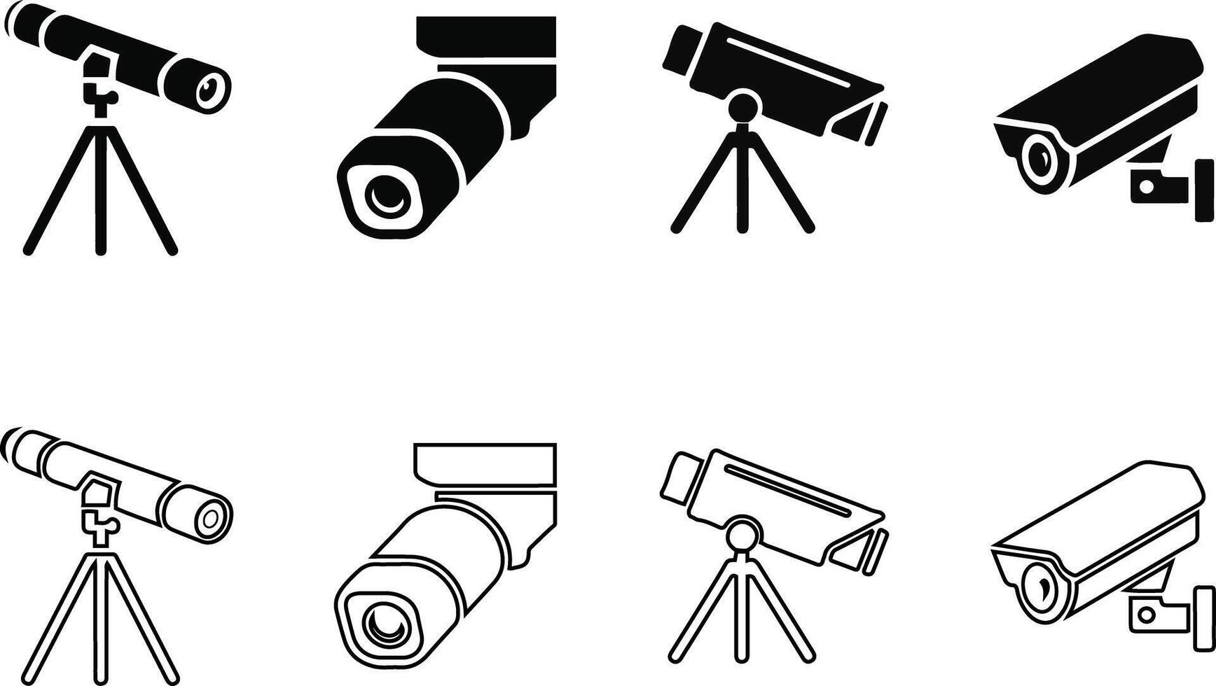 Telescope and Security Camera Icons Set Silhouette and Outline. vector