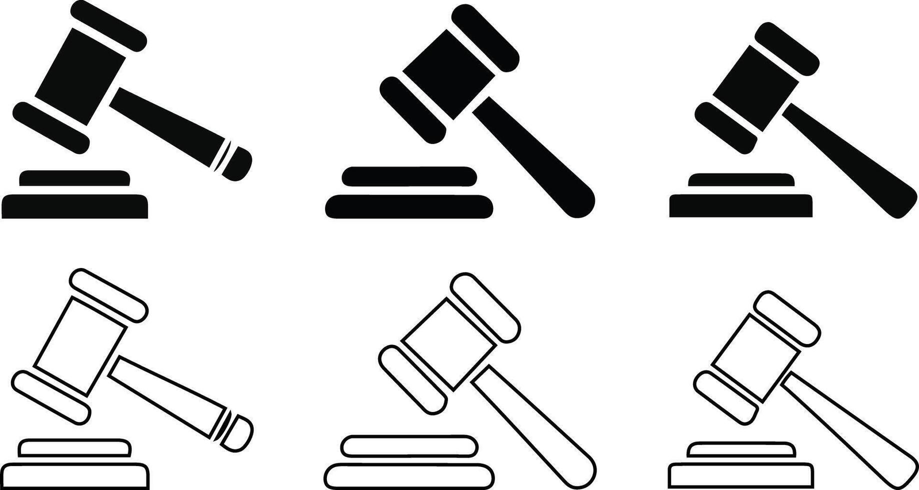 Judge Gavel Icons Collection Courtroom Law Hammer Silhouette and Outline. vector
