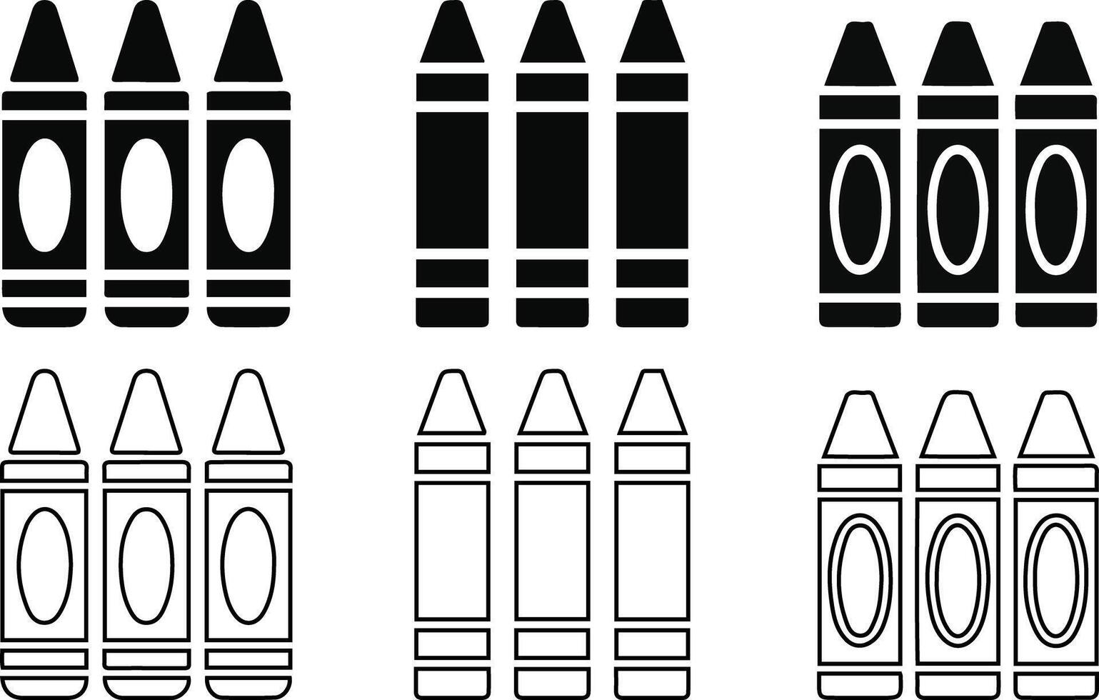 Crayon Icons Set Crayons Silhouette and Outline Art Supplies. vector