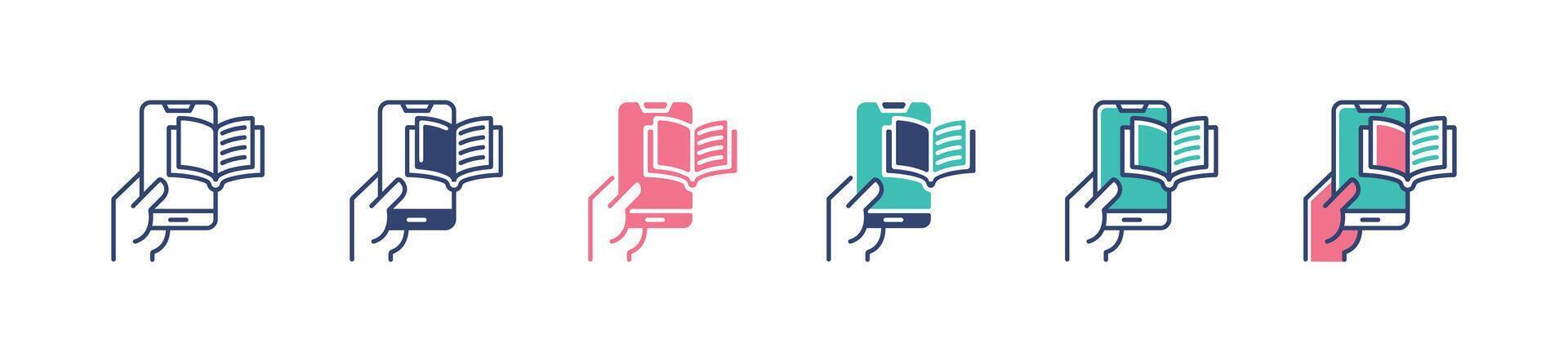 hand hold mobile book icon set electronic book online media learning digital study education signs illustration for web and app vector