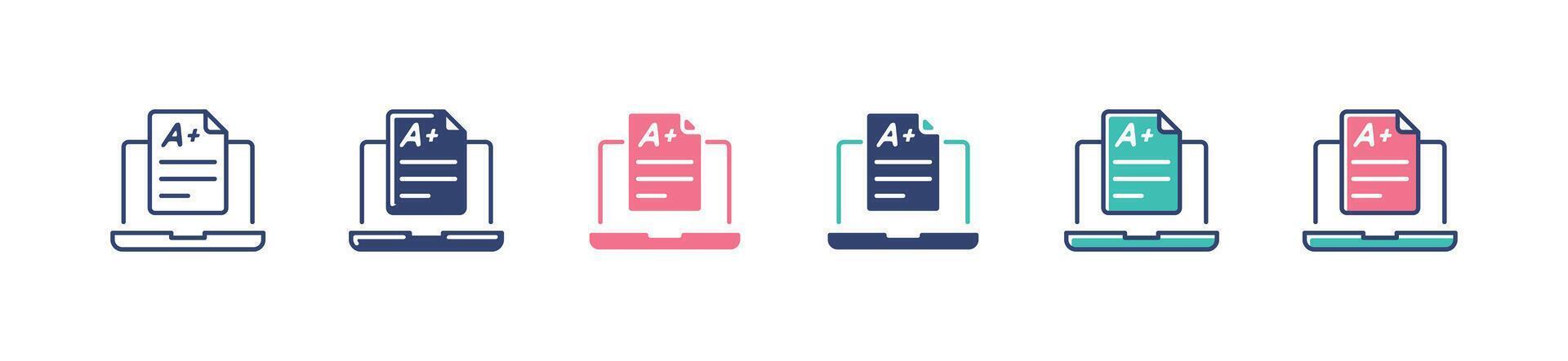 online quiz exam result score icon set education evaluation questionnaire test A plus grade performance with laptop illustration vector