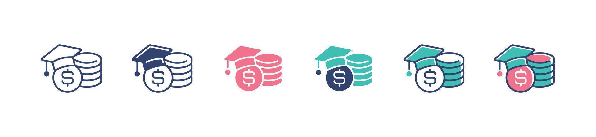 graduation hat with coin stack icon set education scholarship money for college tuition illustration for web and app vector
