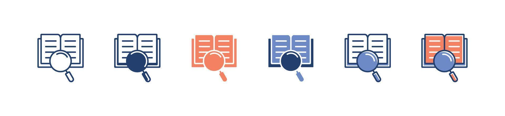 simple open book magnifier icon set education literature magnify research journal analysis study signs illustration vector