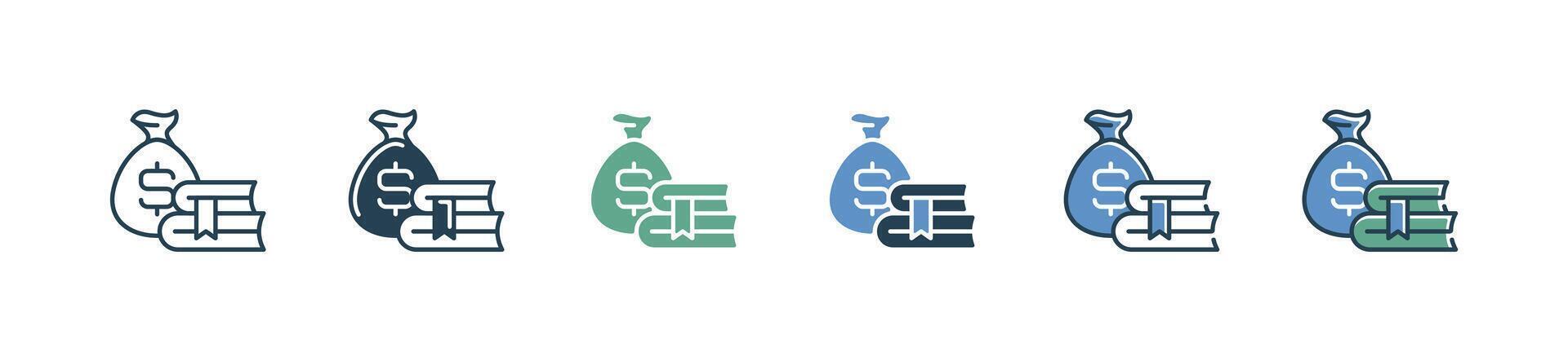 book and money bag icon set education scholarship tuition fee financial university academy cost signs illustration vector