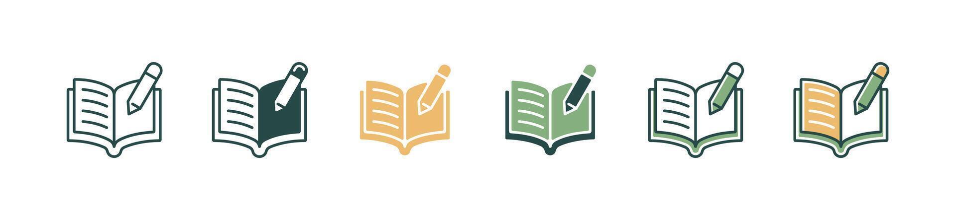 open book and pencil icon set education study writing task school literature learning signs illustration for web and app vector